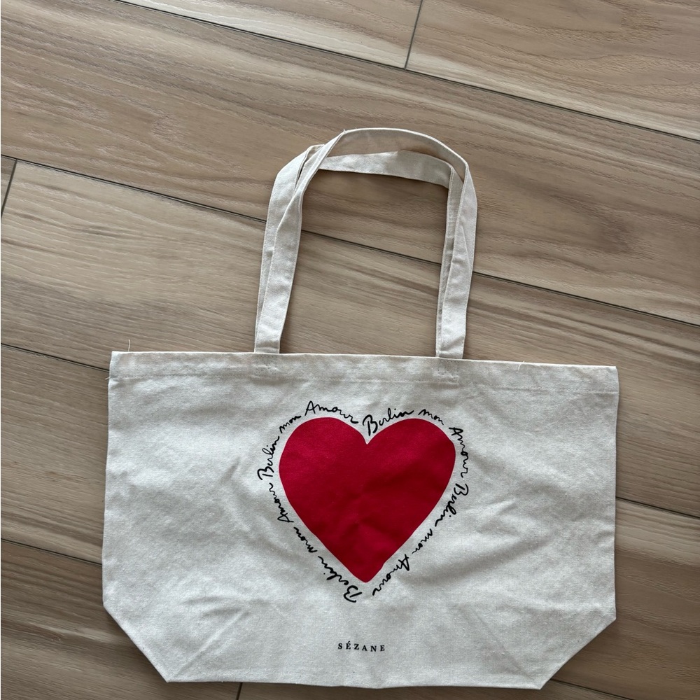 Sezane Canvas French Cream Tote Bag with Red Heart